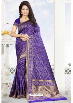 Violet Heavy Embroidered Designer Kanjivaram Silk Sari