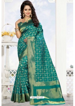 Aqua Mint Heavy Embroidered Designer Kanjivaram Silk Sari