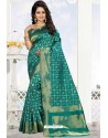 Aqua Mint Heavy Embroidered Designer Kanjivaram Silk Sari