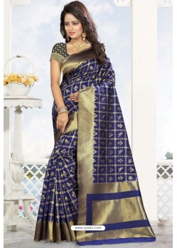 Navy Blue Heavy Embroidered Designer Kanjivaram Silk Sari