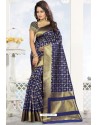 Navy Blue Heavy Embroidered Designer Kanjivaram Silk Sari