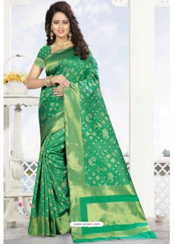 Jade Green Heavy Embroidered Designer Kanjivaram Silk Sari