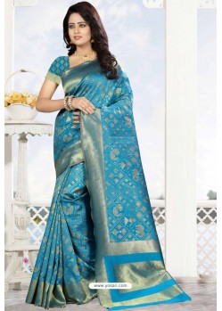 Blue Heavy Embroidered Designer Kanjivaram Silk Sari