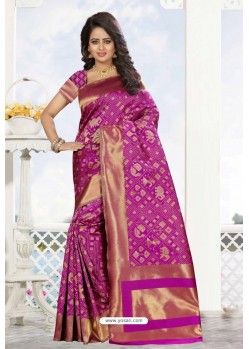 Magenta Heavy Embroidered Designer Kanjivaram Silk Sari