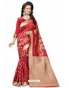 Red Heavy Embroidered Designer Banarasi Silk Sari