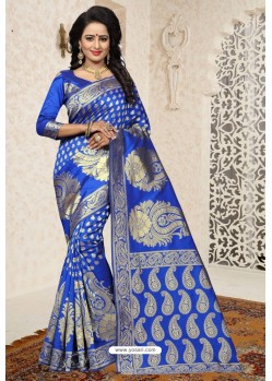 Blue Heavy Embroidered Designer Banarasi Silk Sari