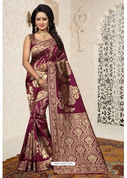 Deep Wine Heavy Embroidered Designer Banarasi Silk Sari