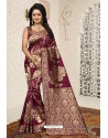 Deep Wine Heavy Embroidered Designer Banarasi Silk Sari