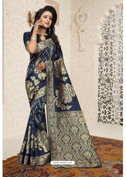 Navy Blue Heavy Embroidered Designer Banarasi Silk Sari