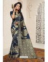 Navy Blue Heavy Embroidered Designer Banarasi Silk Sari