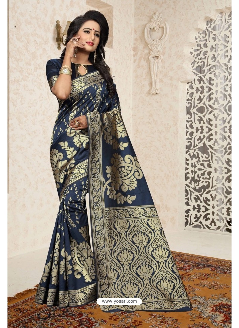 Buy Navy Blue Heavy Embroidered Designer Banarasi Silk Sari | Party ...