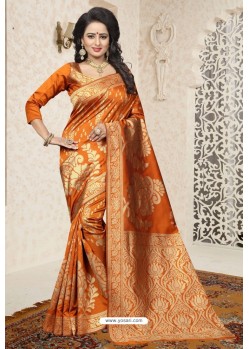 Orange Heavy Embroidered Designer Banarasi Silk Sari