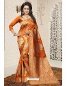 Orange Heavy Embroidered Designer Banarasi Silk Sari