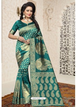 Teal Heavy Embroidered Designer Banarasi Silk Sari