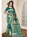 Teal Heavy Embroidered Designer Banarasi Silk Sari