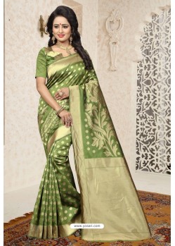 Green Heavy Embroidered Designer Banarasi Silk Sari