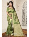 Green Heavy Embroidered Designer Banarasi Silk Sari