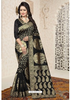 Black Heavy Embroidered Designer Banarasi Silk Sari