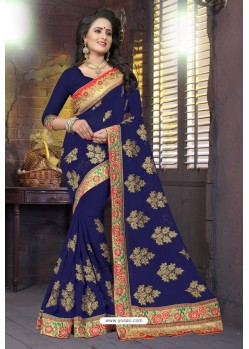 Royal Blue Heavy Embroidered Designer Blooming Georgette Sari