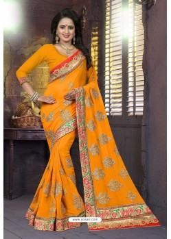 Yellow Heavy Embroidered Designer Blooming Georgette Sari