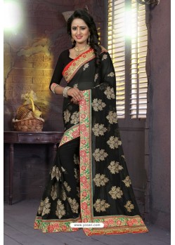 Black Heavy Embroidered Designer Blooming Georgette Sari