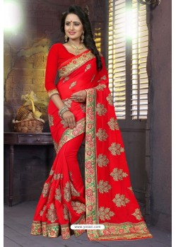 Red Heavy Embroidered Designer Blooming Georgette Sari