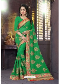 Green Heavy Embroidered Designer Blooming Georgette Sari