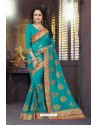 Turquoise Heavy Embroidered Designer Blooming Georgette Sari