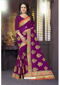 Purple Heavy Embroidered Designer Blooming Georgette Sari