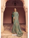 Grayish Green Heavy Embroidered Designer Silk Sari