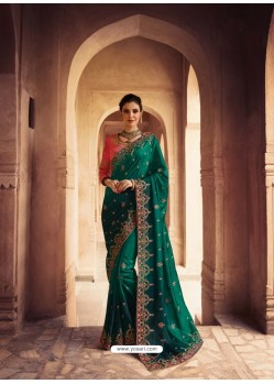 Dark Green Heavy Embroidered Designer Silk Sari