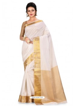 White Heavy Embroidered Designer Kanjivaram Silk Sari