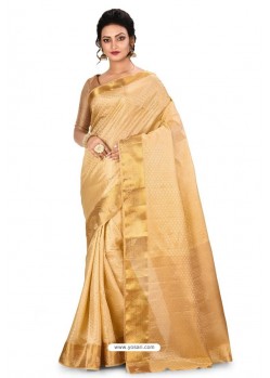 Cream Heavy Embroidered Designer Kanjivaram Silk Sari