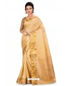 Cream Heavy Embroidered Designer Kanjivaram Silk Sari