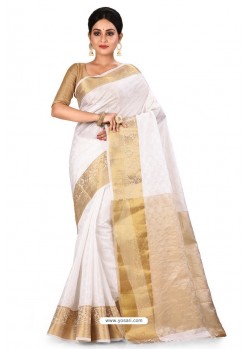 White Heavy Embroidered Designer Kanjivaram Silk Sari