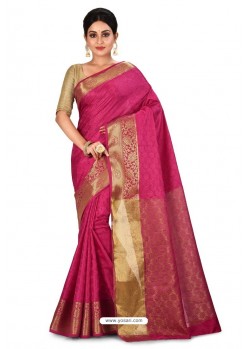 Rose Red Heavy Embroidered Designer Kanjivaram Silk Sari