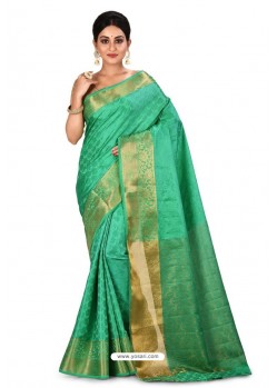 Jade Green Heavy Embroidered Designer Kanjivaram Silk Sari