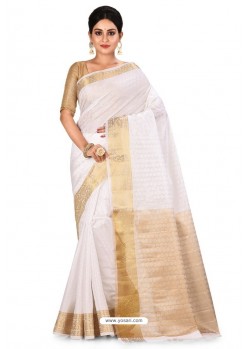 White Heavy Embroidered Designer Kanjivaram Silk Sari