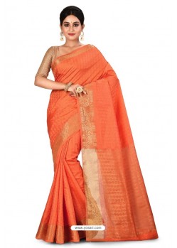 Orange Heavy Embroidered Designer Kanjivaram Silk Sari