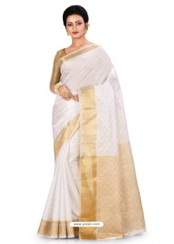 White Heavy Embroidered Designer Kanjivaram Silk Sari