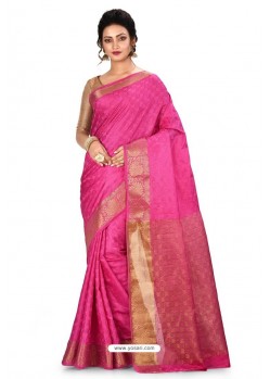 Hot Pink Heavy Embroidered Designer Kanjivaram Silk Sari