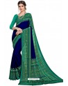 Royal Blue Heavy Embroidered Designer Crepe Silk Sari