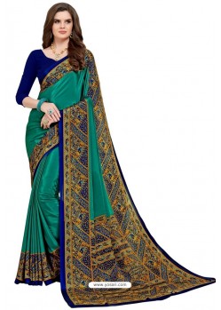 Aqua Mint Heavy Embroidered Designer Crepe Silk Sari