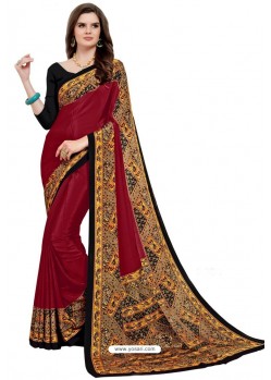 Maroon Heavy Embroidered Designer Crepe Silk Sari