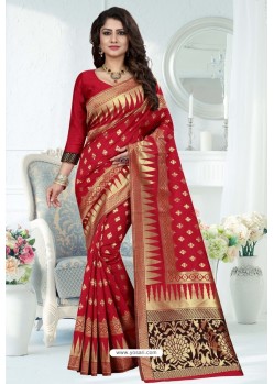 Red Designer Banarasi Silk Party Wear Sari