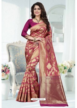 Rose Red Designer Banarasi Silk Party Wear Sari