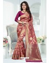 Rose Red Designer Banarasi Silk Party Wear Sari