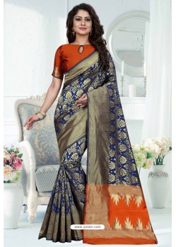 Navy Blue Designer Banarasi Silk Party Wear Sari