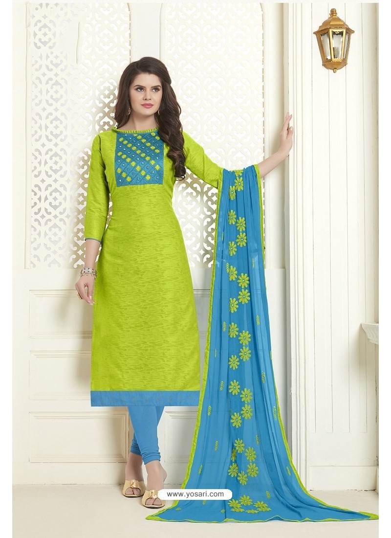 Buy Parrot Green Embroidered Designer Churidar Salwar Suit | Churidar ...
