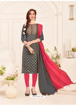 Grey Embroidered Designer Banarasi Silk Churidar Salwar Suit